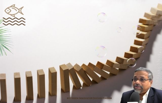 Graph showing exponential curve rising sharply over time Visual metaphor: small cracks in a system turning into collapse Optional: domino effect animation style