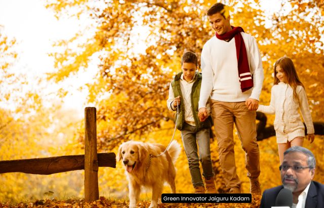 Family walking together with their dog for exercise and bonding